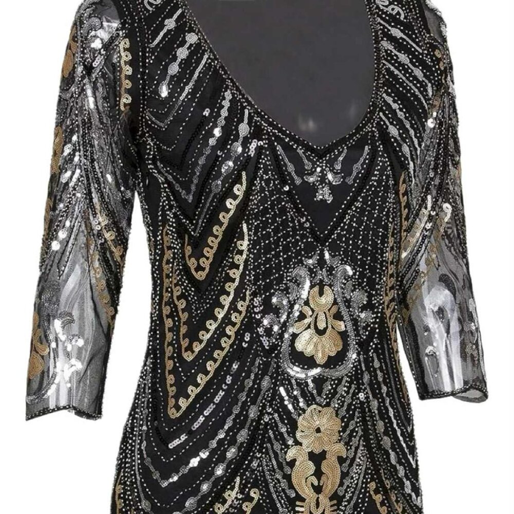 1920s Vintage Art Deco Flopper V-Neckline Silhouette Midi Dress Black/Gold Large